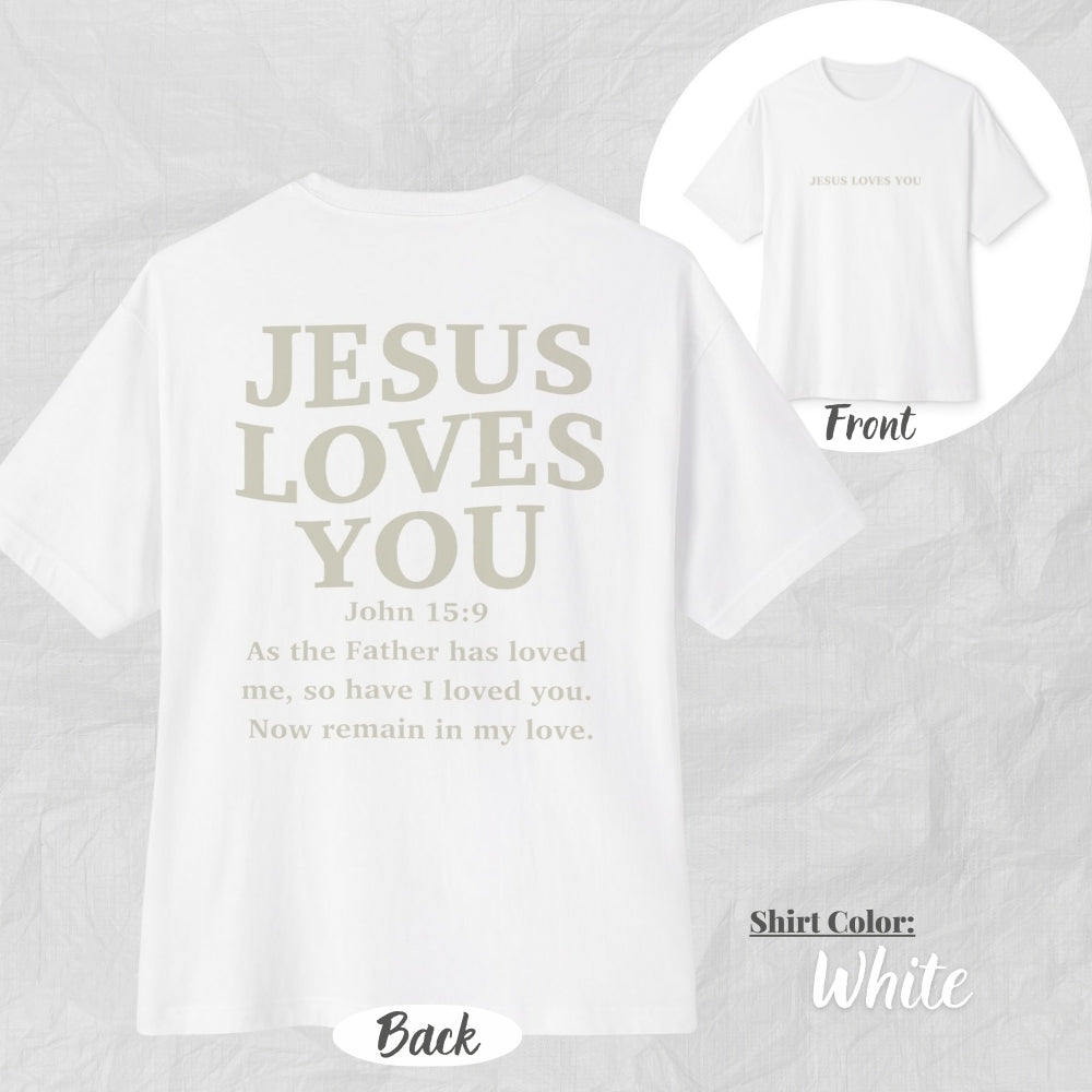 Jesus Loves You Unisex Oversized Boxy Tee (Tan Design) - Casual Christian Apparel, Perfect Gift for Church, Easter, Christian Events