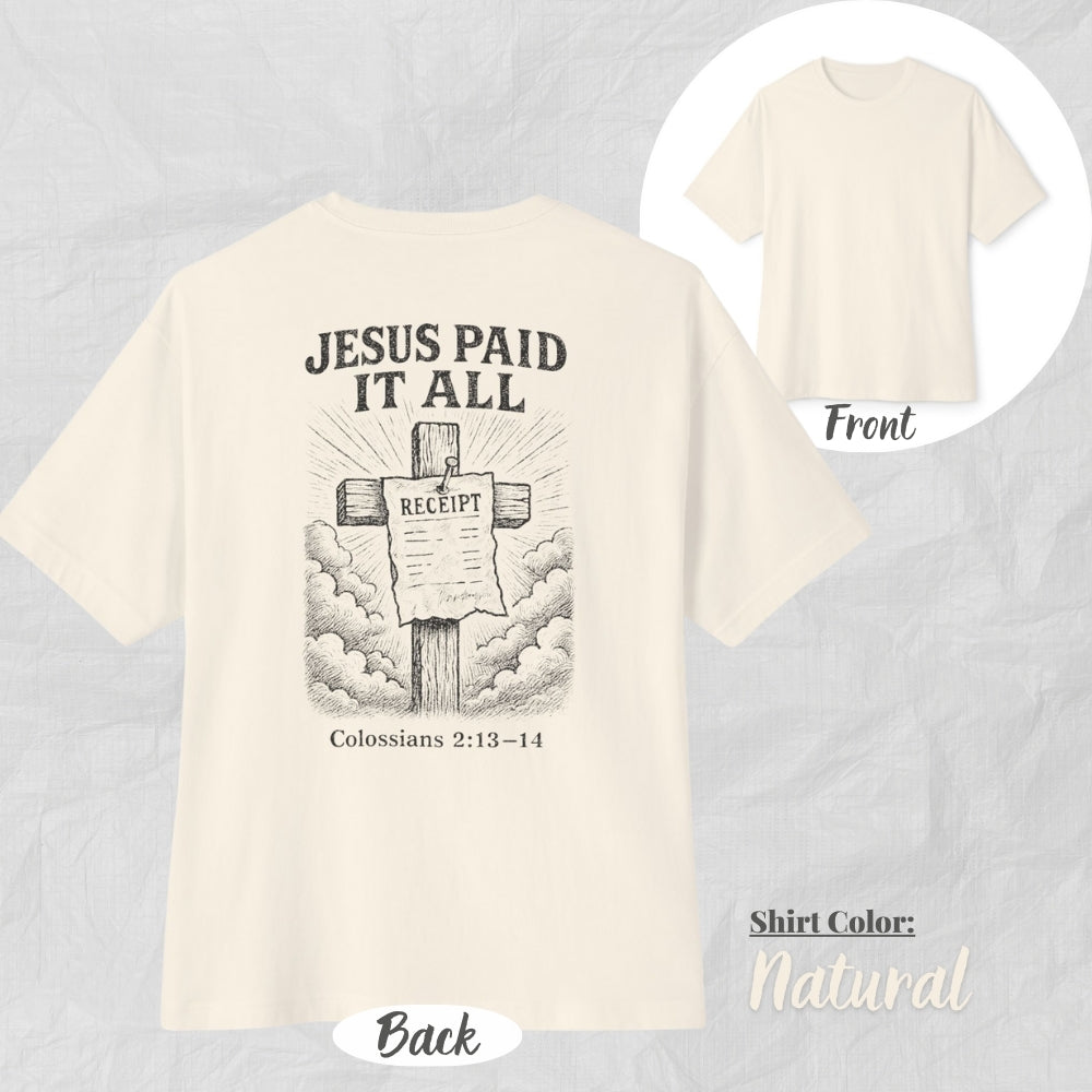 Jesus Paid It All Unisex Oversized Boxy Tee (Black Design) - Casual Christian Apparel, Perfect Gift for Church, Easter, Christian Events