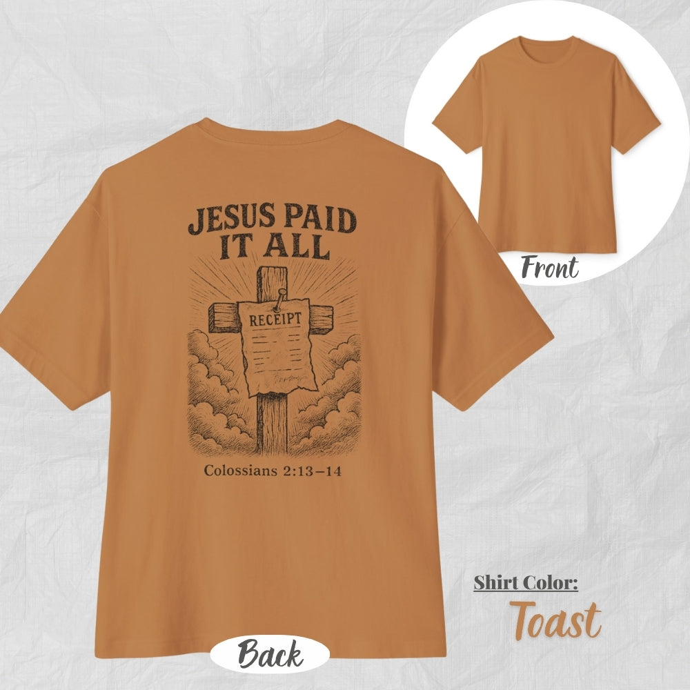 Jesus Paid It All Unisex Oversized Boxy Tee (Black Design) - Casual Christian Apparel, Perfect Gift for Church, Easter, Christian Events
