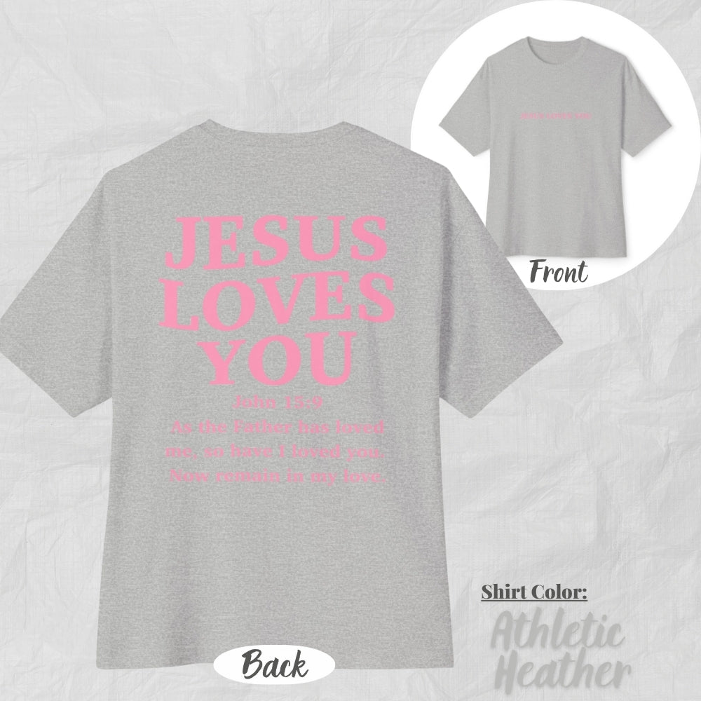 Jesus Loves You Unisex Oversized Boxy Tee (Pink Design) - Casual Christian Apparel, Perfect Gift for Church, Easter, Christian Events